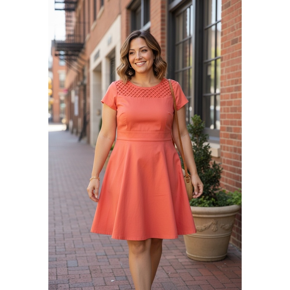 Sejour Coral Orange Lattice Cutout‎ Fit and Flare Dress Plus Size 22W SJ310091WN